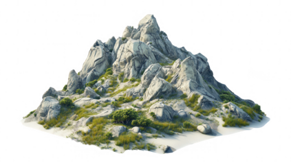 a rocky mountain formation with patches of grass and small plants set against a plain white background. for environmental themes or as a graphic resource