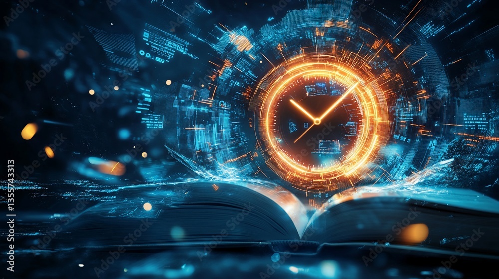 Aufkleber digital time concept with glowing clock and data flowing from an open book in futuristic space