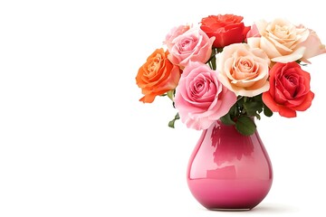 Fototapeta premium Colorful roses bouquet in pink vase, bright petals on white background, for romantic gifts