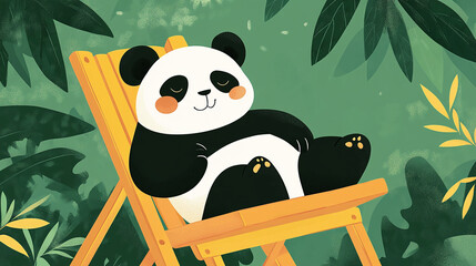 Naklejka premium 大熊猫在竹林躺椅上乘凉