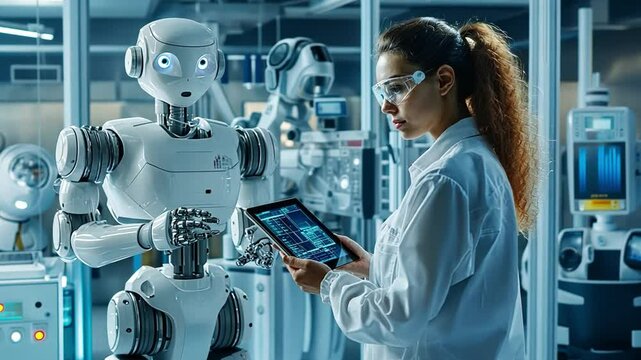 Robot Development: A scientist intently examines data on a tablet while working with a humanoid robot in a modern laboratory, showcasing the forefront of technological innovation and research