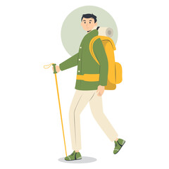 Person Hiking Mountain Character with Flat Cartoon Design. Vector Illustration.