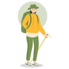 Person Hiking Mountain Character with Flat Cartoon Design. Vector Illustration.