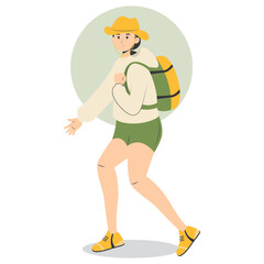 Person Hiking Mountain Character with Flat Cartoon Design. Vector Illustration.