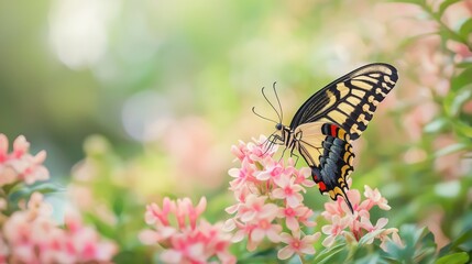close-up of a black and white butterfly with yellow accents perched on a cluster of delicate pink flowers