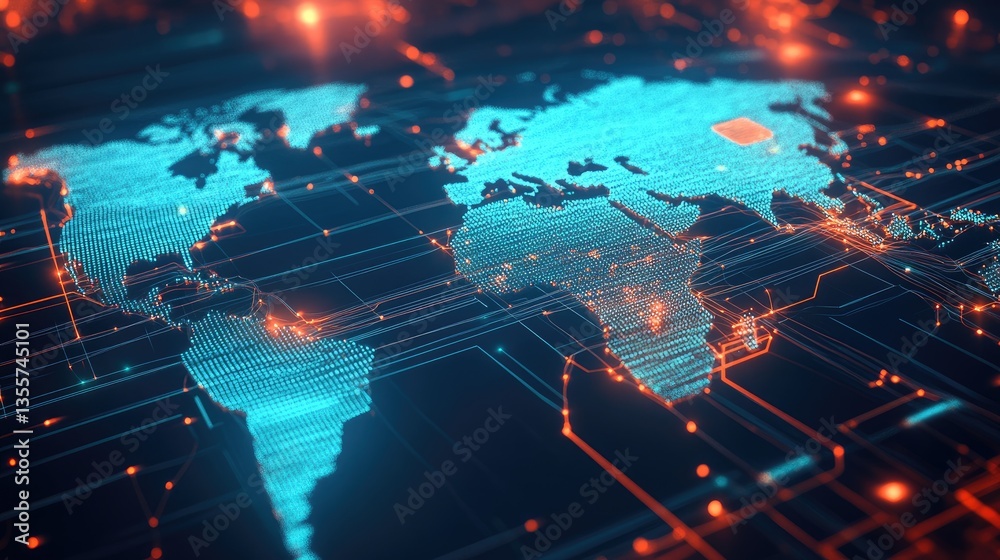 Poster A 3D fiber optic world map showing global connectivity, with glowing lines representing communication and data transfer across continents