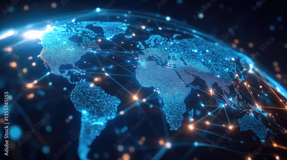Poster a 3d fiber optic world map showing global connectivity, with glowing lines representing communicatio