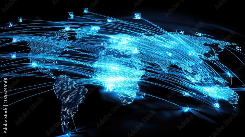 Poster a 3d world map with fiber optic connections lighting up, showcasing the global reach of communicatio