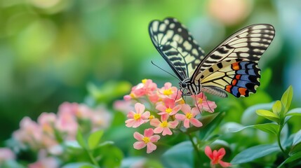 close-up of a black and white butterfly with yellow accents perched on a cluster of delicate pink flowers