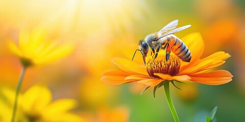close-up of a honeybee collecting nectar from a bright orange cosmos flower 