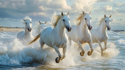 A breathtaking moment of white horses galloping through the ocean waves, creating a dramatic and majestic scene on a coastal shore, full of motion and energy