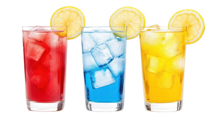 three tall glasses of colorful drinks?red blue and yellow?each filled with ice and garnished with lemon slices it evokes a refreshing and vibrant summer vibe