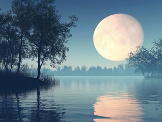Misty lake, full moon, serene forest at night.  Possible use  Wallpaper, print, etc