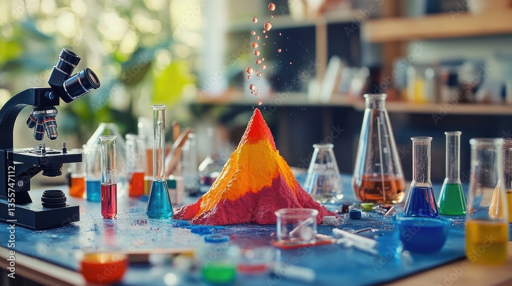 Poster a chaotic but playful scene with colorful beakers, test tubes, and a microscope surrounding a diy vo