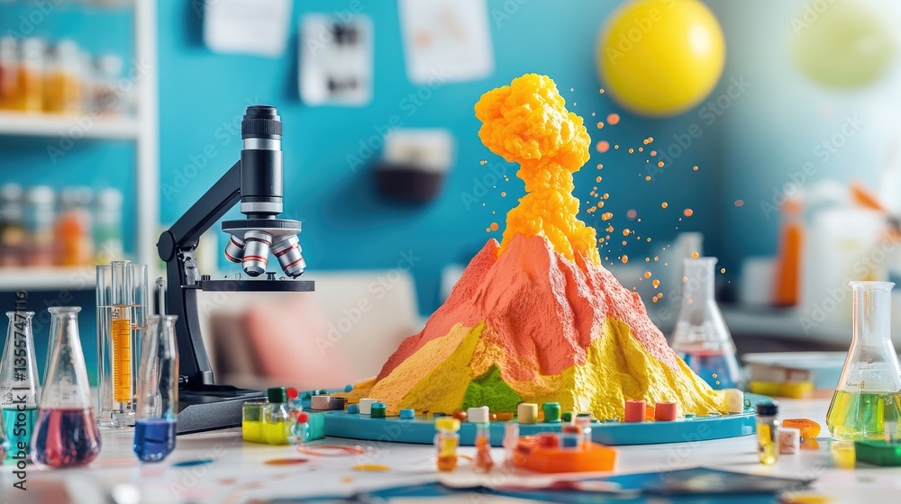 Poster a chaotic but playful scene with colorful beakers, test tubes, and a microscope surrounding a diy vo