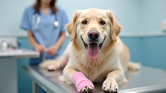  A veterinary clinic where a golden retriever is lying on an examination table with a pink bandage wrapped around its front leg