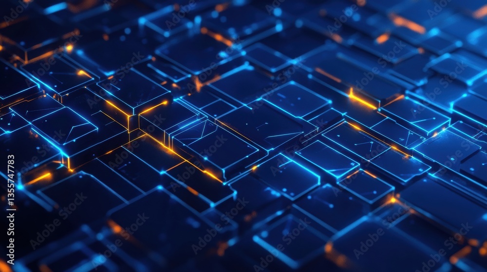 Poster Exploring a high-tech blockchain concept with interconnected layers in a futuristic paper cut style and glowing blue accents Generative AI