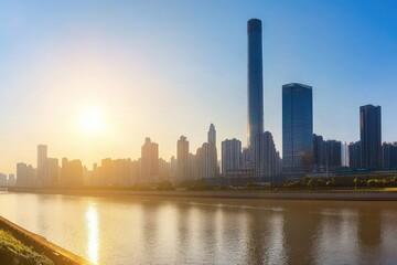 Fototapeta premium Modern City Skyline Reflecting on River at Sunset