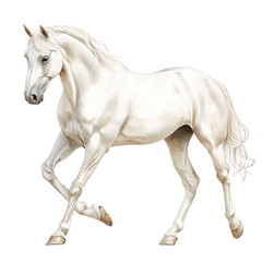 a beautifully illustrated white horse in motion showcasing its elegance and grace against a plain background. horse's features and anatomy suitable for artistic or educational purposes