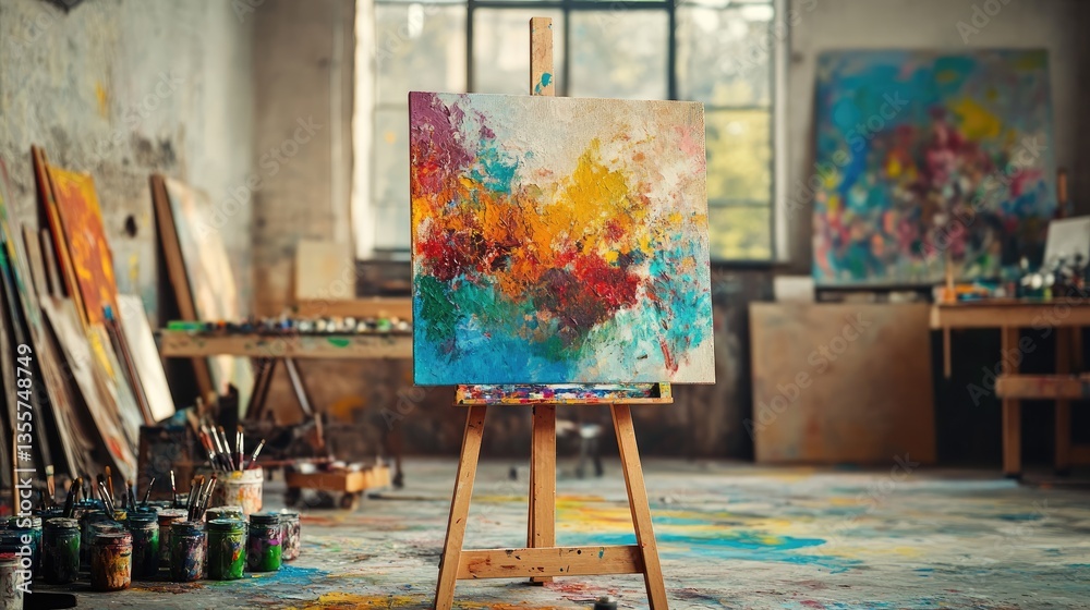 Poster a colorful abstract canvas placed on a wooden easel in a spacious, artistic studio, with splashes of