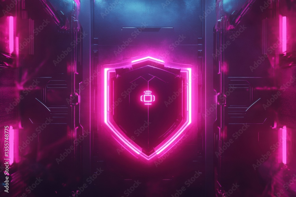 Poster Glowing shield symbol in a futuristic security-themed background with digital aesthetics and neon lights