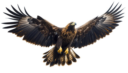 Obraz premium a majestic golden eagle soars with its wings fully spread showcasing its powerful physique and intricate feather patterns against a white background