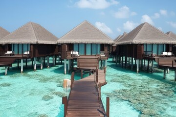 Fototapeta premium Bungalows over turquoise waters with boardwalk access, tropical resort location, sunny day
