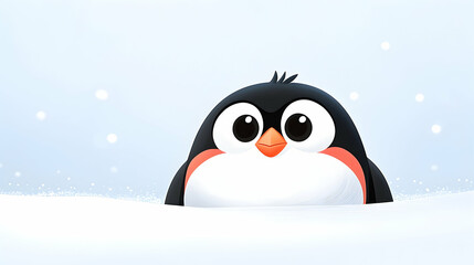 Cute Cartoon Penguin in Snowy Landscape