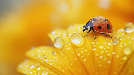 Naklejka premium Close-Up of A ladybug perched on a dew-kissed, vibrant yellow flower petal, highlighted by a blurred background of similar yellow blossoms