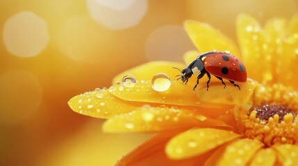 Naklejka premium Close-Up of A ladybug perched on a dew-kissed, vibrant yellow flower petal, highlighted by a blurred background of similar yellow blossoms
