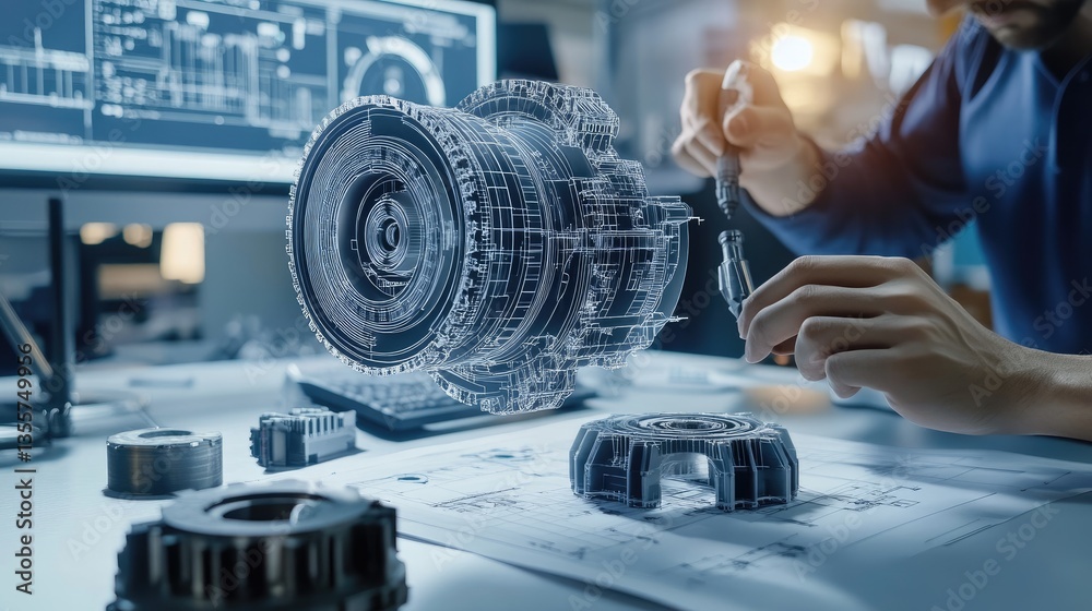 Poster A conceptual image of engineers designing a gearbox, with technical blueprints and 3D-printed prototypes, illustrating the development process
