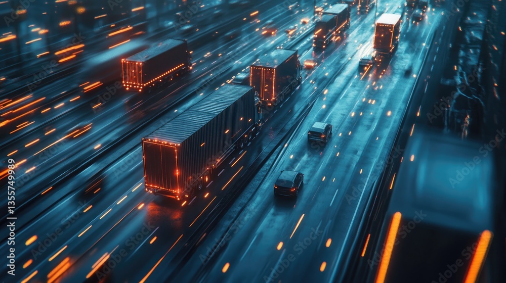 Poster A conceptual image of trucks moving on a smart global network, illustrating cutting-edge fleet management and logistics technology in action