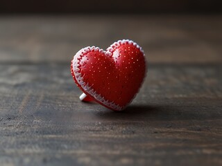 Fototapeta premium Red Heart on Wooden Surface, a vibrant, textured red heart with intricate detail, delicately placed upon a rustic, dark wooden surface. A poignant symbol of love and affection.