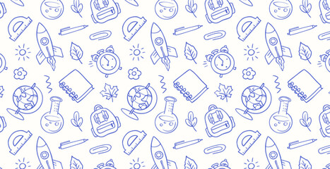 school supplies ink drawn seamless pattern, back to school, autumn event, September, background, cover, wallpaper, packaging, wrapping paper, textile, fabric, clothing, ads, web, vector