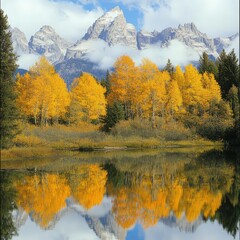 Obraz premium Autumn trees reflect in pond, mountains loom in background, blue sky. Grand Teton National Park scene