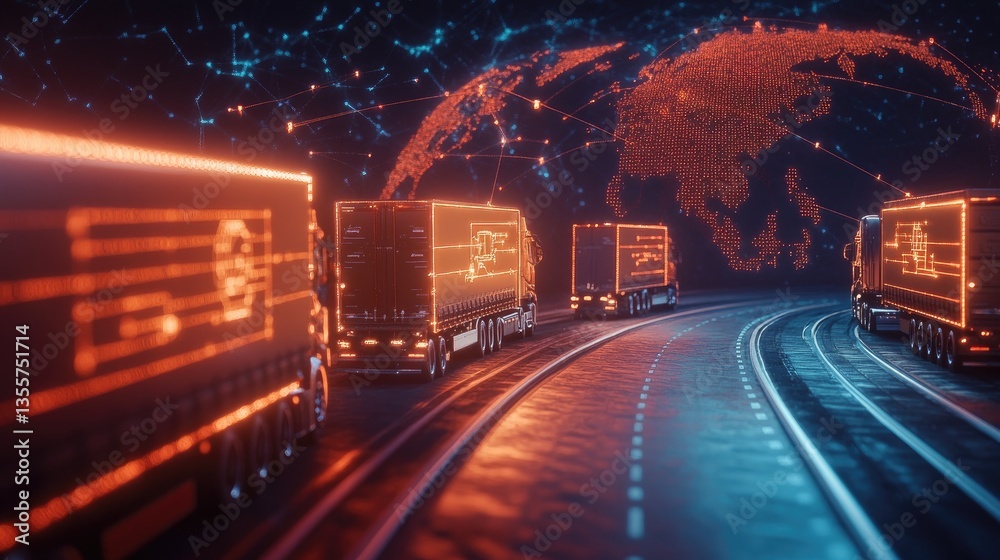 Poster a digital network connecting trucks across the globe, highlighting the seamless integration of fleet