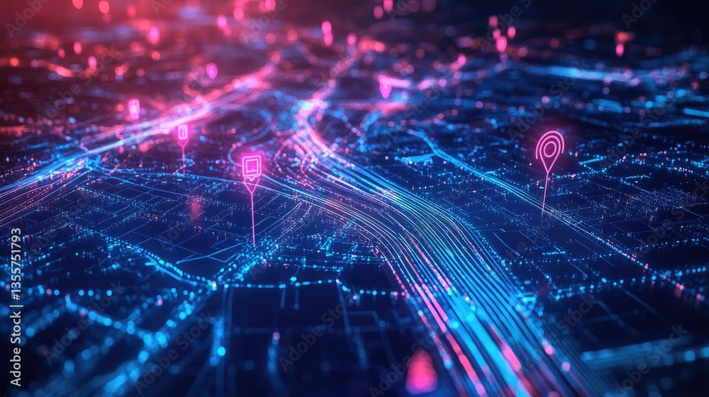 Leinwandbilder A digital map displaying cutting-edge GPS navigation and AI-driven delivery route optimization, symbolizing the future of logistics and smart transportation