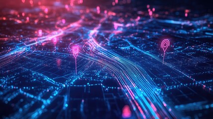 A digital map displaying cutting-edge GPS navigation and AI-driven delivery route optimization, symbolizing the future of logistics and smart transportation