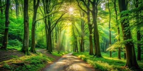 Obraz premium A lush green path unwinding through a tranquil forest surrounded by tall trees and vibrant foliage, with sunlight filtering through the leaves , greenery, vibrant green path