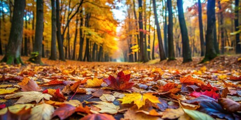 Colorful fallen leaves carpet the forest floor