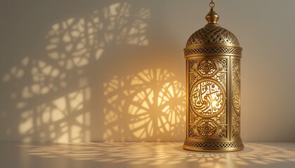 Golden Islamic lantern with intricate Arabic calligraphy, casting elegant light patterns on the wall