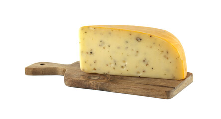 Large slice of cumin cheese resting on wooden cutting board