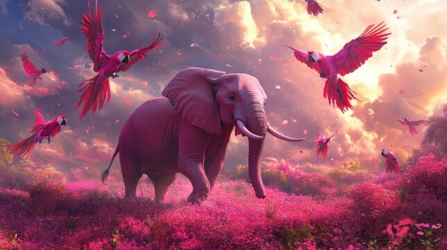 A dreamy, surreal landscape with a pink elephant walking on pink grass, surrounded by vibrant pink parrots soaring above in a vivid, whimsical setting
