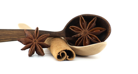 Two star anise and a cinnamon stick sitting on and next to two wooden spoons on white.