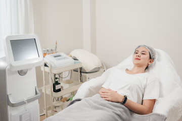 Asian woman preparation for beauty injections and facial care course at beauty clinic.