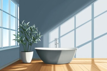 Fototapeta premium Modern bathroom interior with sunlight, plant, and bathtub