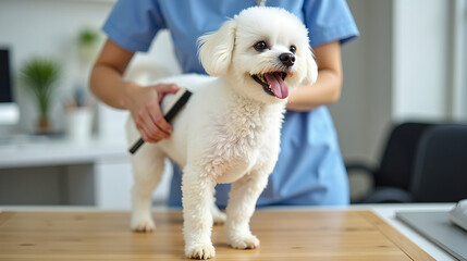 A professional pet groomer in a light blue uniform gently brushes a fluffy white Bichon Frise on a sleek wooden table