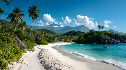 Fototapeta premium Tropical Beach Scene with Turquoise Water and Lush Green Hills