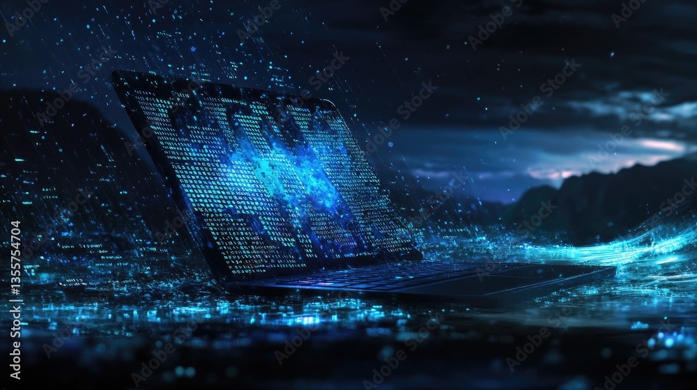 Poster A futuristic data stream flowing across a laptop screen displaying source code, set against a dark, techy ambiance at night
