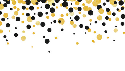 a festive arrangement of black and gold circles scattered against a white background creating a celebratory and elegant design suitable for invitations or party decorations